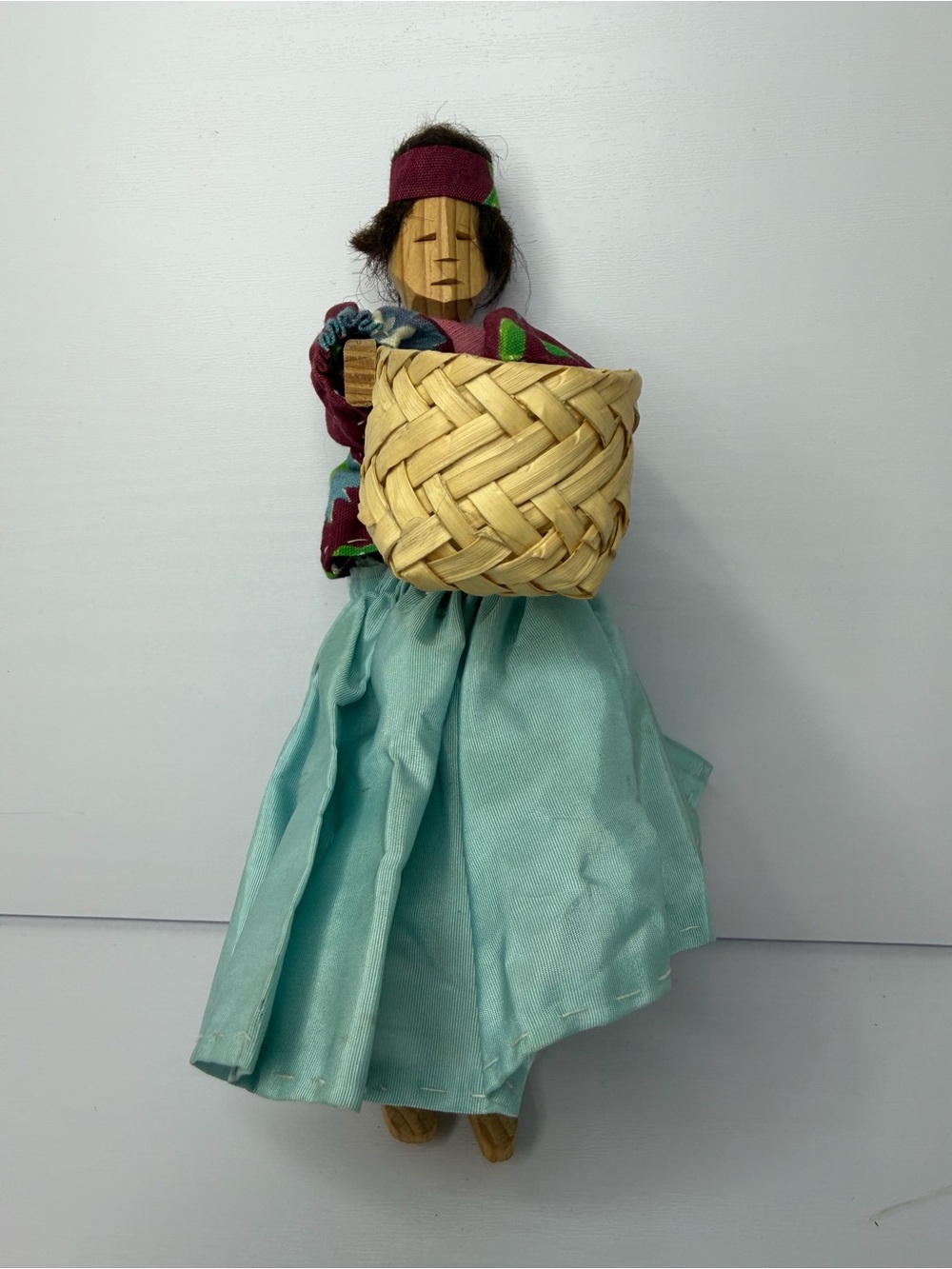Vintage Handmade Wooden Folk Art Female Figurine Woven Basket Latin America 8"